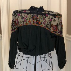 Free people shirt with sheer top half embroidered with bright geometric shapes